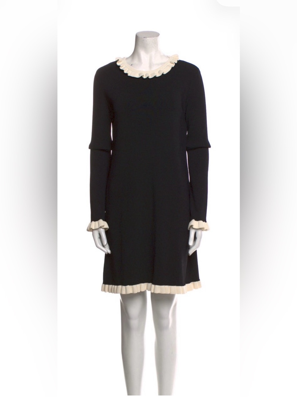 NWOT RED Valentino Black Long-Sleeve Shift Dress with Cream Ruffle Accents Sz M